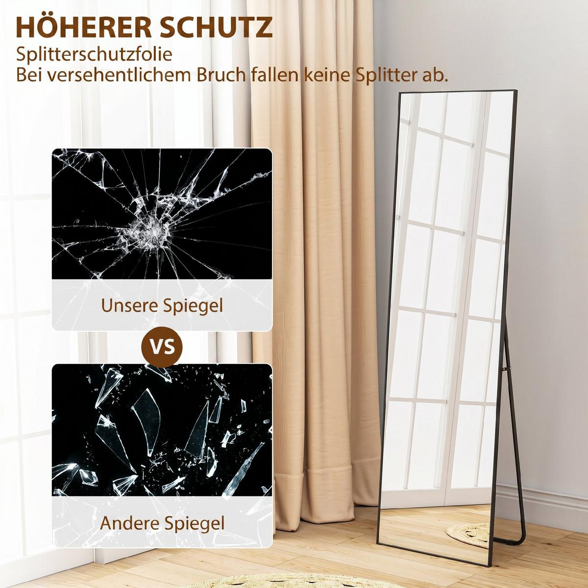 GANZKÖRPERSPIEGEL Aluminiumlegierung Glas Schwarz - Schwarz, Metall (2/161.5/50cm) - HOMCOM