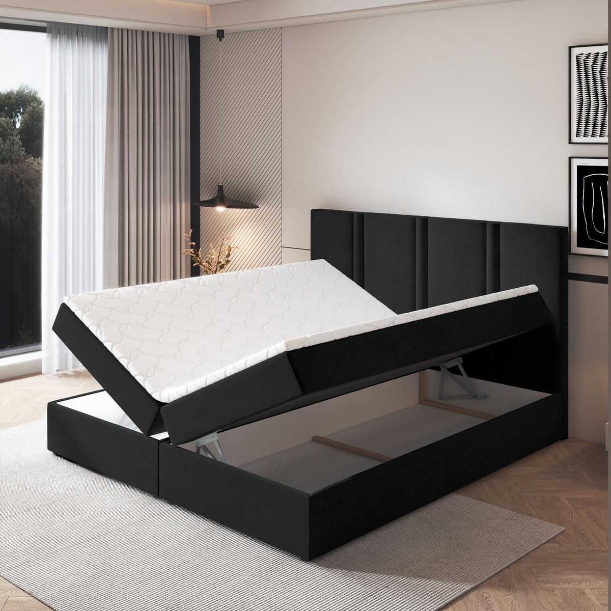 BOXBETT LARIO 180x200 cm mit Matratze und Topper - Schwarz - Schwarz, Holz (180/200cm) - MASSENO