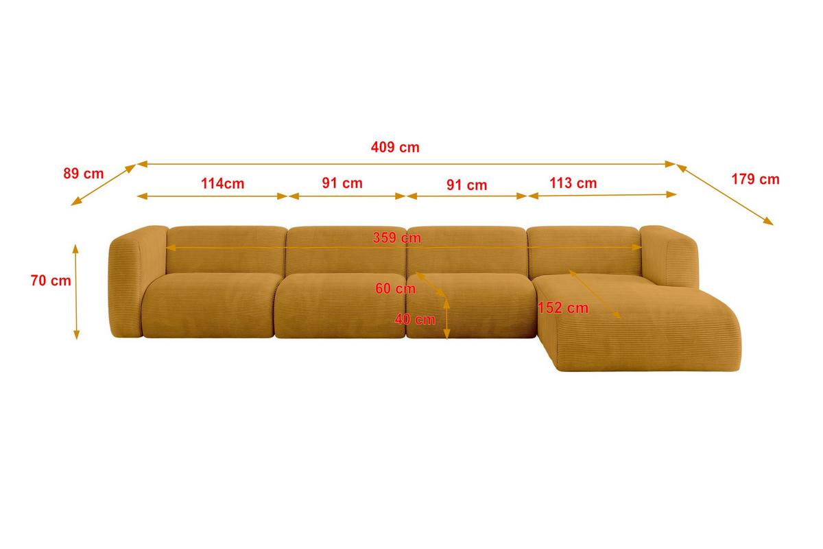 ECKSOFA Ottomane Rechts MIRA-L3 409x179x70 Senfgelb Cord - Currygelb/Schwarz, Holzwerkstoff/Kunststoff (409/179cm) - ALTDECOR