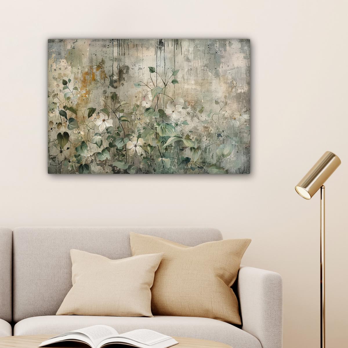 LEINWANDBILD Blumen - Blätter - Abstrakt - Modern Wanddeko 90x60 cm - Grau, Textil (90/60cm) - MuchoWow