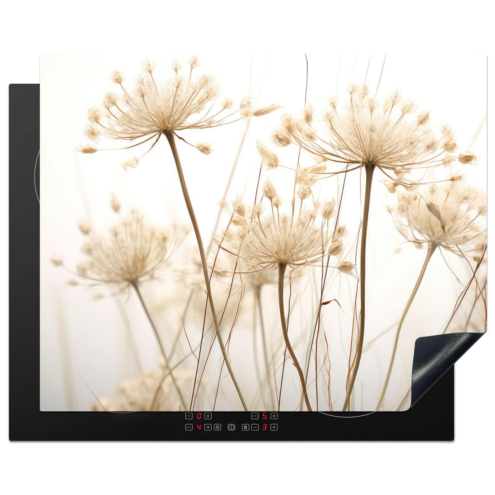 HERDABDECKPLATTE Blumen - Weiß - Sonnenlicht Herdabdeckung Induktionsfeld 65x52 cm - Ecru, Kunststoff (65/52/0.2cm) - MuchoWow