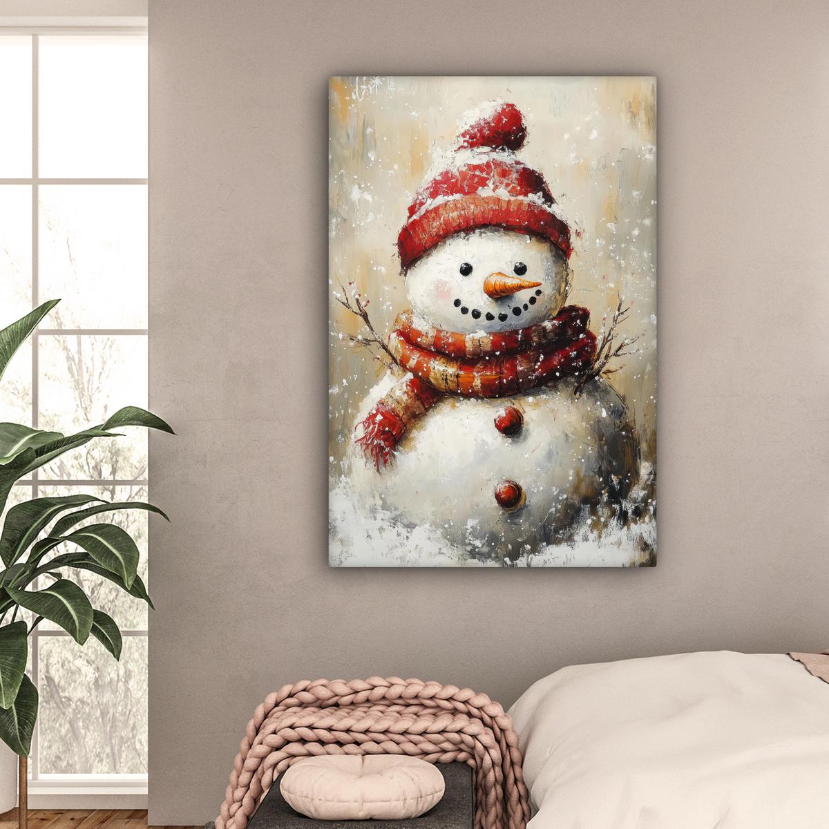 LEINWANDBILD Schneemann - Winter - Schnee - Beige Deko XXL 80x120 cm - Weiß, Textil (80/120cm) - MuchoWow