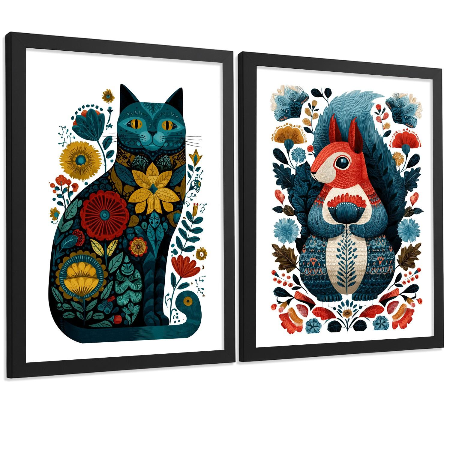 POSTER 2er-Set moderne Kunstdrucke im Folk-Stil, Katzen Eichhörnchen-Dekorationsbilder, farbenfrohe Blumenposter für Wohnzimmer Schwarzer Rahmen A4 - Schwarz, Papier (29.7/21/3cm) - Nacnic