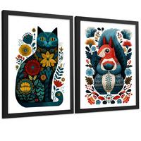 POSTER 2er-Set moderne Kunstdrucke im Folk-Stil, Katzen Eichhörnchen-Dekorationsbilder, farbenfrohe Blumenposter für Wohnzimmer Schwarzer Rahmen A4 - Schwarz, Papier (29.7/21/3cm) - Nacnic