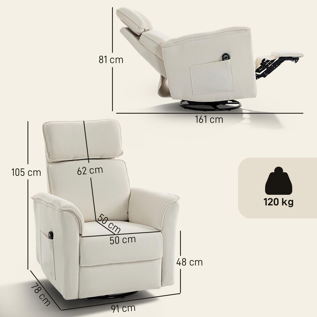 RELAXSESSEL Elektrisch mit Liegefunktion, Verstellbare Rückenlehne, Kopfstütze - Creme, Holzwerkstoff/Textil (78/105/91cm) - HOMCOM