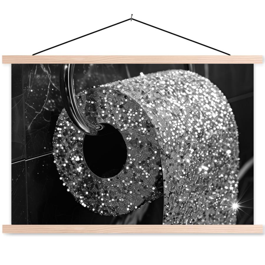 POSTER MIT MAGNETLEISTEN WC - Toilettenpapier - Schwarz und weiß - Glitter Wanddeko 90x60 cm - Silberfarben, Textil (90/60/0.15cm) - MuchoWow