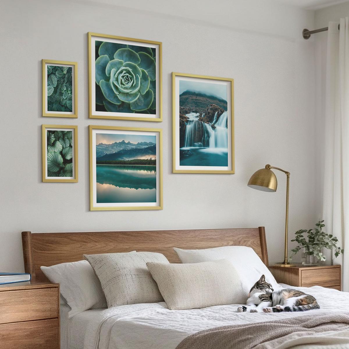 BILDER SET 5er Set - 50x50 cm & 20x30 cm & 40x60 cm Goldrahmen - Sukkulenten in Grün und Türkis - Goldfarben, Kunststoff (40/60cm) - TULUP