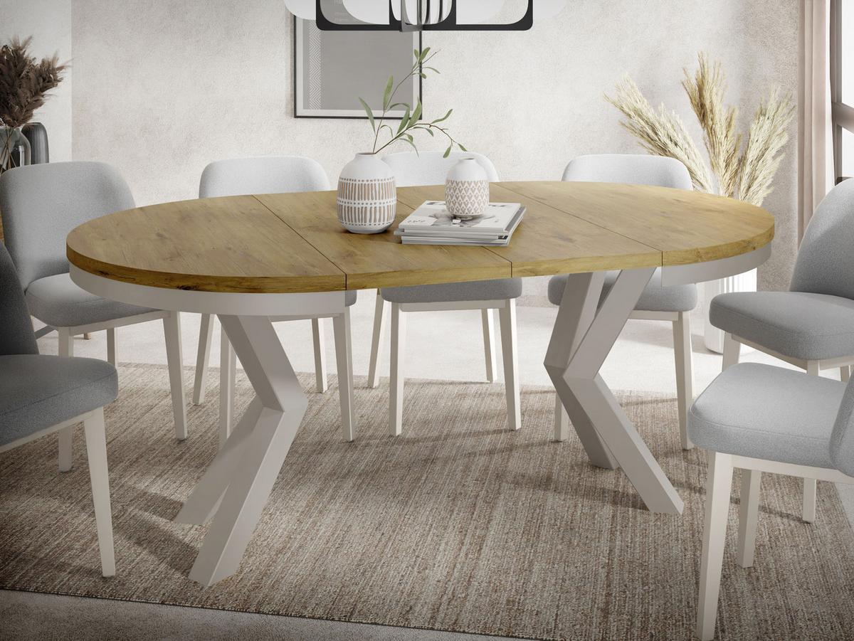 ESSTISCH Clara grau-beige runder ausziehbarer, Lancelot Eiche 120-200/120/76 cm - Greige/Eichefarben, Holzwerkstoff/Metall (120/196/76cm) - WFL GROUP