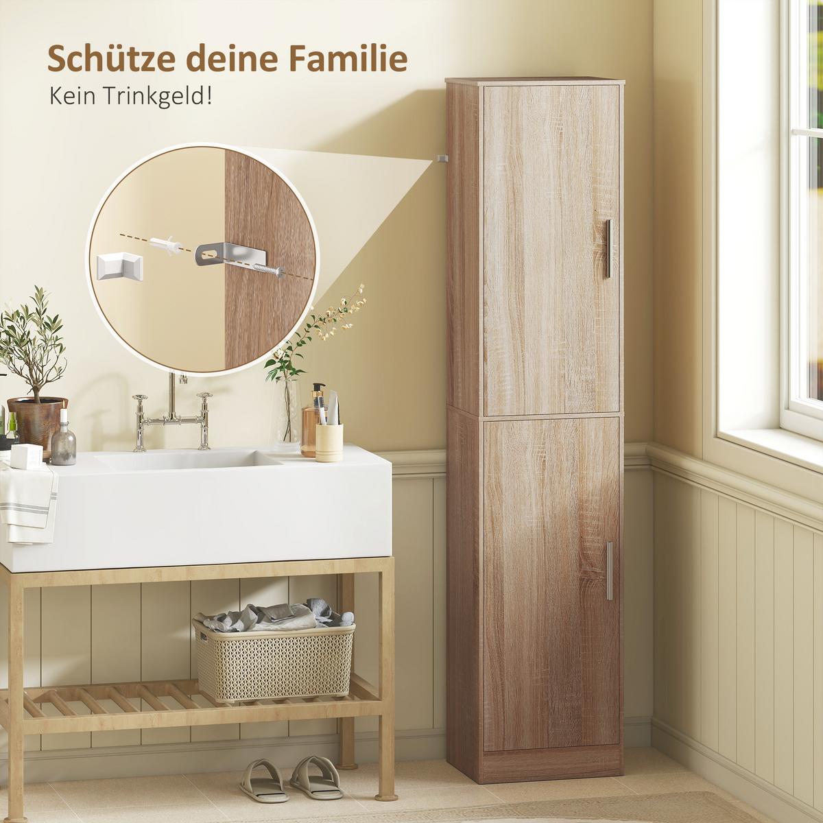 BADEZIMMERSCHRANK Badschrank Hochschrank schmal mit 2 Türen Verstellbare Regale - Silberfarben/Naturfarben, Holzwerkstoff/Metall (35/180/40cm) - HOMCOM