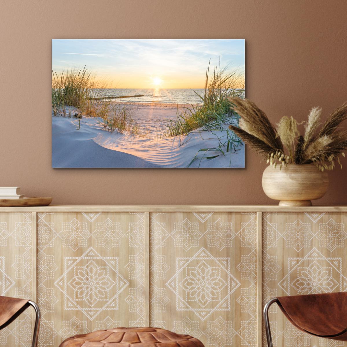 METALLBILD Strand - Sonne - Düne - Gras - Sand - Horizont Wandbild 60x40 cm - Hellblau, Metall (60/40cm) - MuchoWow