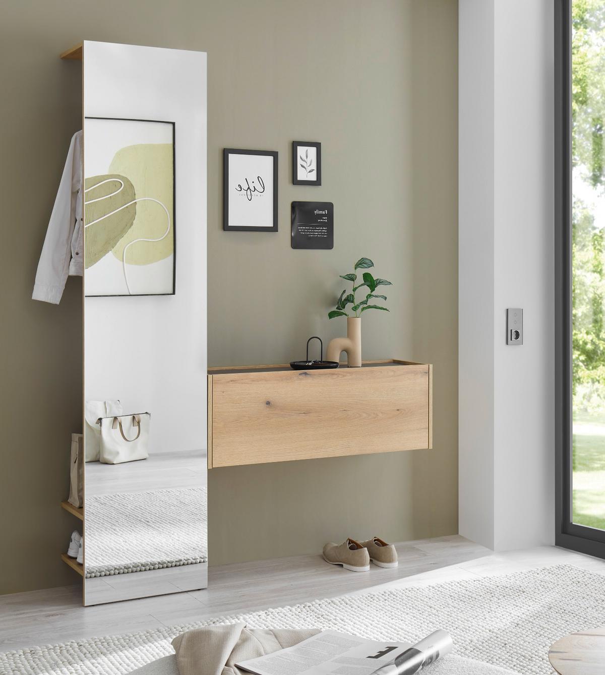 GARDEROBE Evoke Eiche 50 x 200 cm, Kompaktgarderobe mit Spiegel - Eichefarben/Schwarz, Glas/Holzwerkstoff (50/200/30cm) - Furn.Design