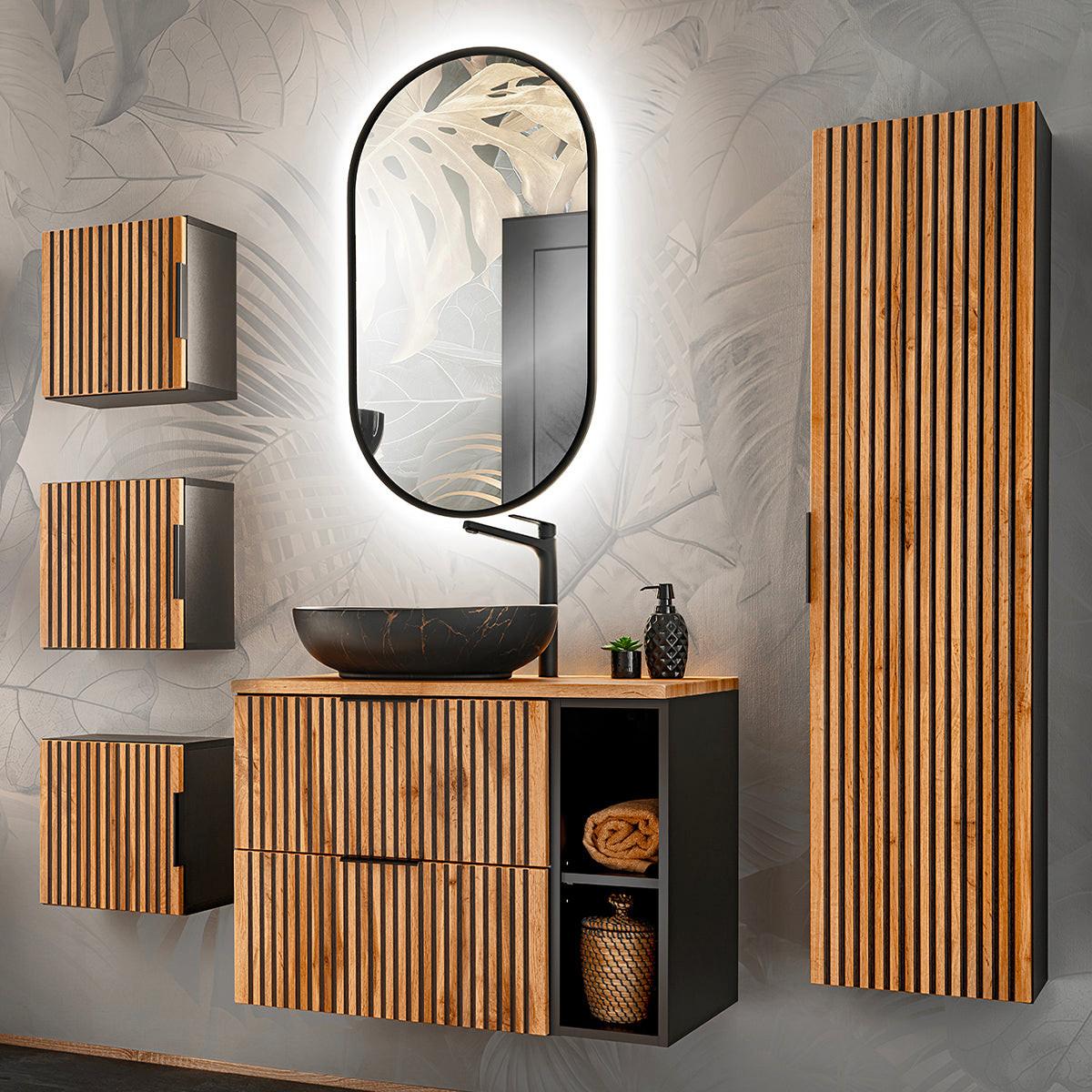 BADMÖBEL 80.6cm Gaia 2er-Set Holz in Eichenoptik und Schwarz - Braun, Holzwerkstoff (80.6/59/46cm) - Petits-meubles