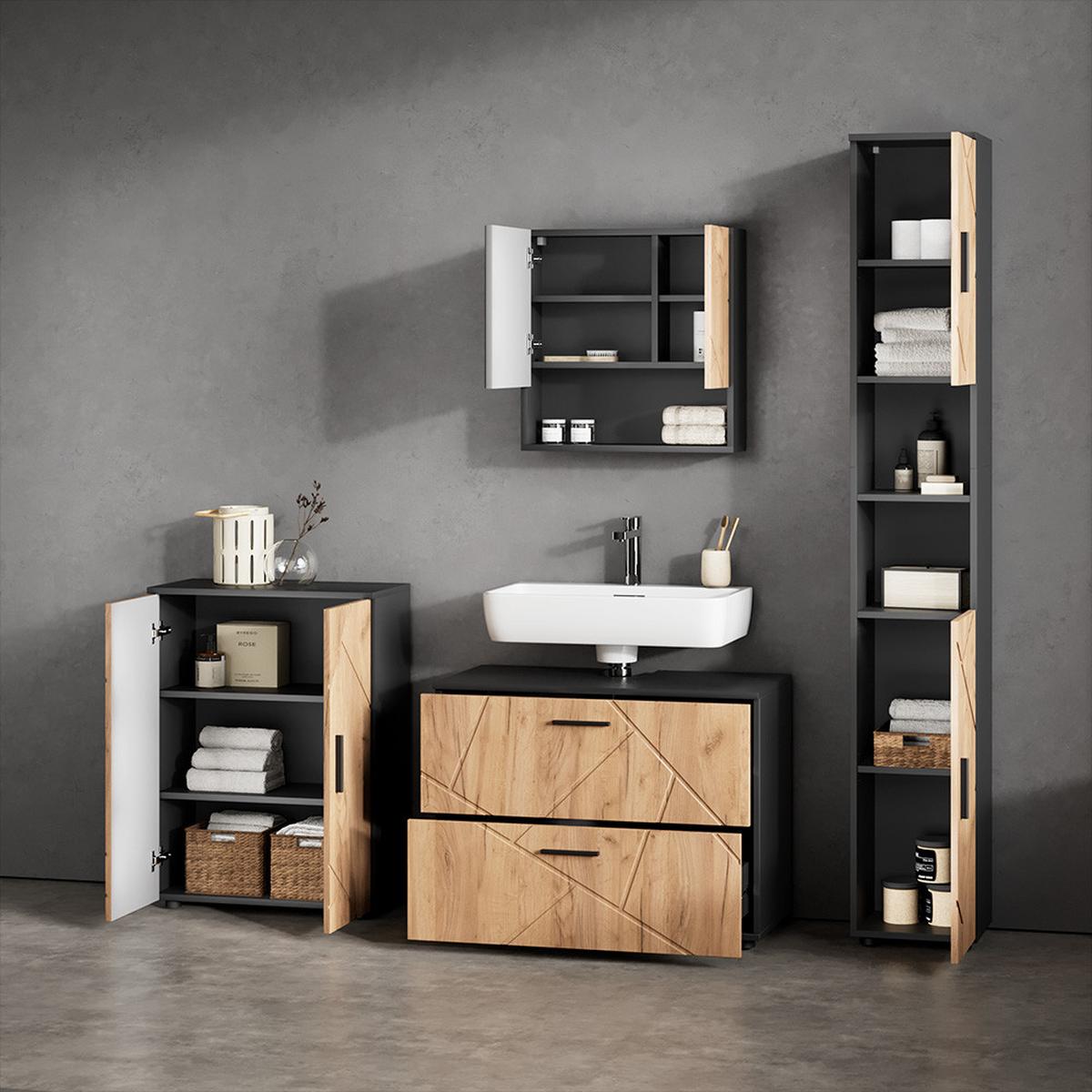 BADMÖBEL-SET Ronco Goldkraft Eiche/Anthrazit 4 Teile, mit Schubladenschrank und Midischrank - Honigeiche/Anthrazit, Holzwerkstoff (80/58/41cm) - Livinity®