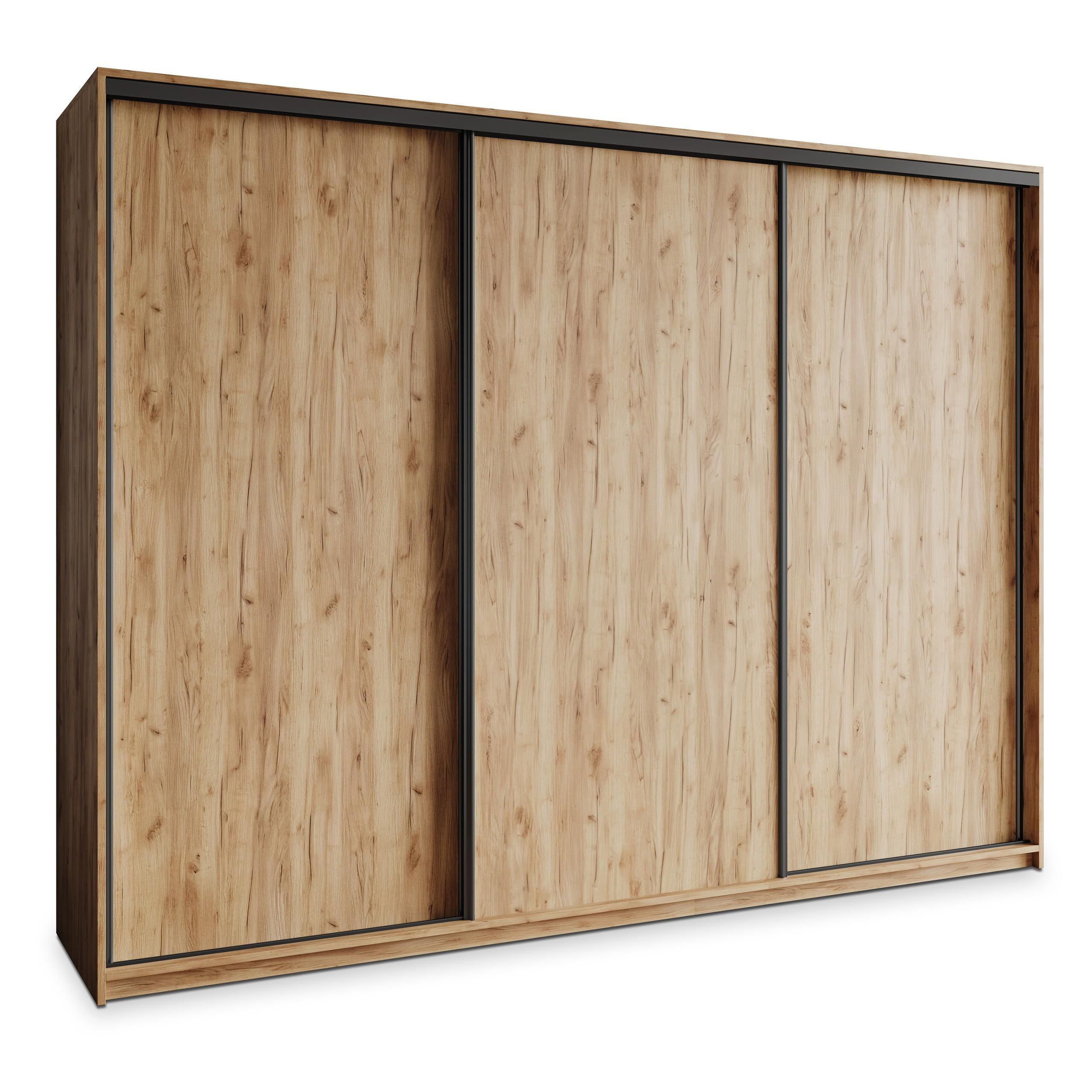 SCHWEBETÜRENSCHRANK NISSE 250/205/60 cm 3-türig mit Schubladen Craft Eiche Gold - Schwarz/Orange, Holzwerkstoff (250/205/60cm) - MASSENO