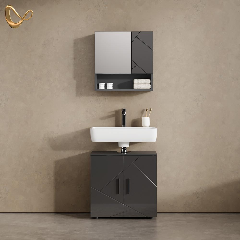 BADMÖBEL-SET Ronco Anthrazit Hochglanz 2 Teile, Unterschrank 60 cm - Schwarz Hochglanz, Holzwerkstoff (60/81/30cm) - Livinity®