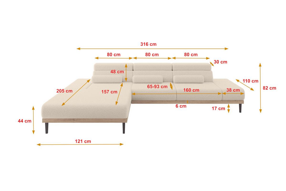 ELEKTRISCHES ECKSOFA Links MONA 316x205x85 Dunkelbeige Bouclé - Cappuccino, Holzwerkstoff/Textil (316/205cm) - ALTDECOR