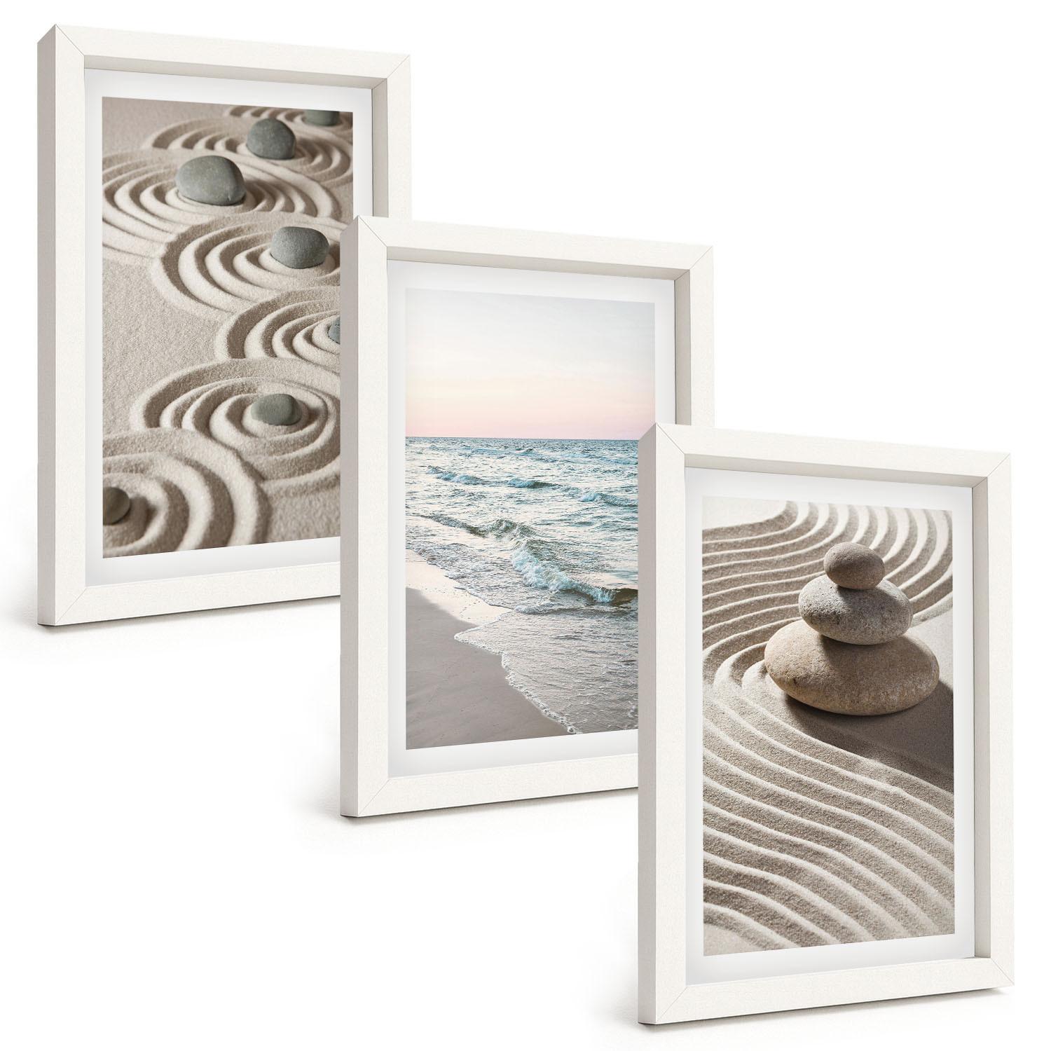 BILDER SET 3er Set - 20x30 cm Weißer Rahmen - Wellen, Sand, Wasser, Steine, Strand - Weiß, Kunststoff (20/30cm) - TULUP