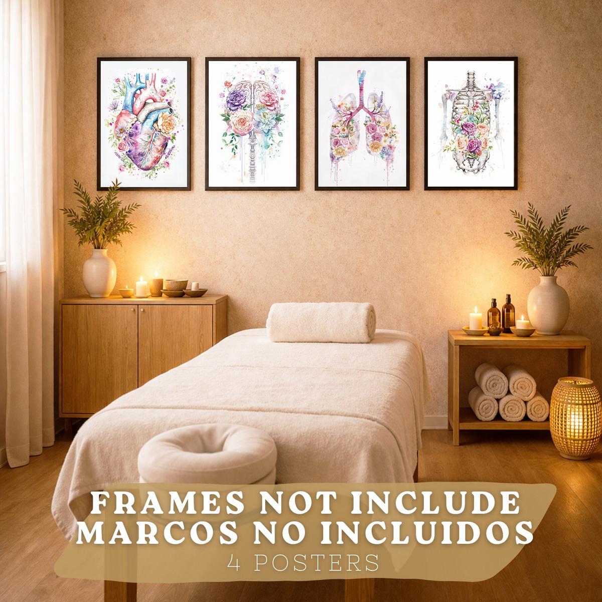 POSTER Set aus 4 Anatomie Mensch Drucke und mit Herz Gehirn Lungen Luftröhre Bronchien Wirbelsäule Florales Aquarell Design Größe Rahmenlos A4 - Klar, Papier (21/29.7/3cm) - Nacnic