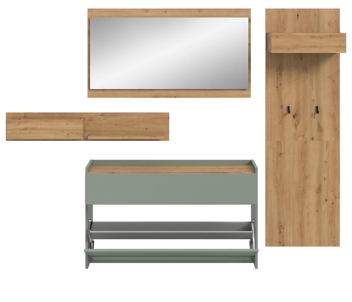 GARDEROBE-SET Salbei und Artisan Eiche, Garderobe 4-teilig, 205 x 192 cm, Borga - Salbeigrün/Eiche Artisan, Holzwerkstoff (205/192/32cm) - Inn.Furn