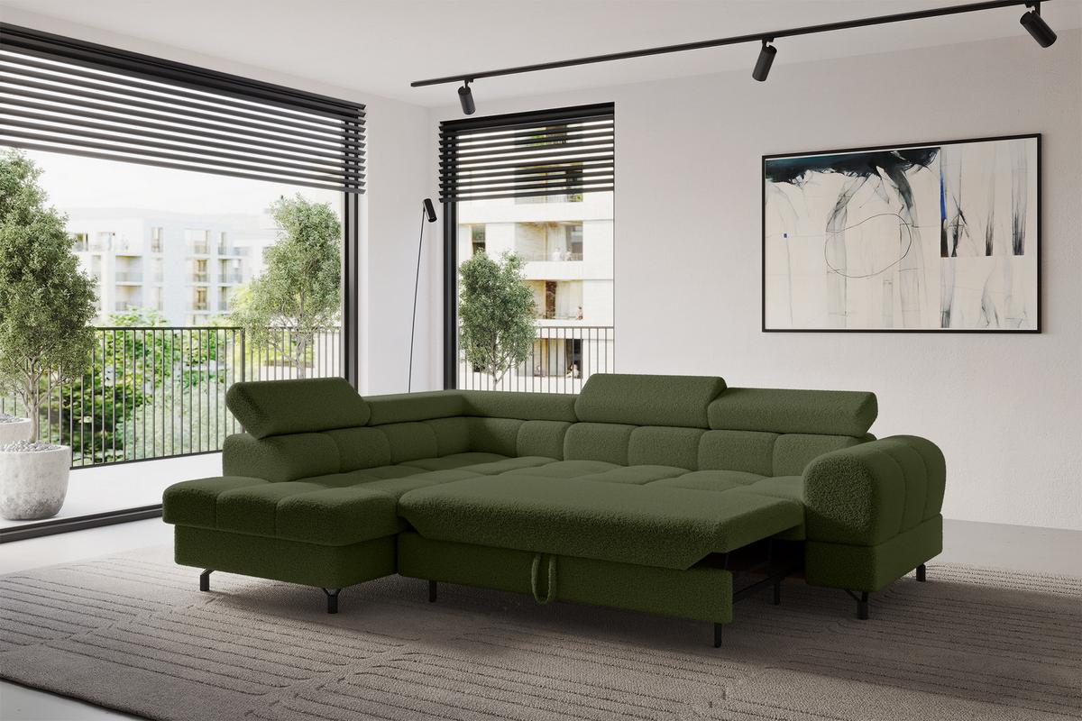 ECKSOFA mit Schlaffunktion Ottomane Links LUMA-L 272x203x70 Grün Bouclé - Smaragdgrün/Schwarz, Holzwerkstoff/Kunststoff (272/203cm) - ALTDECOR