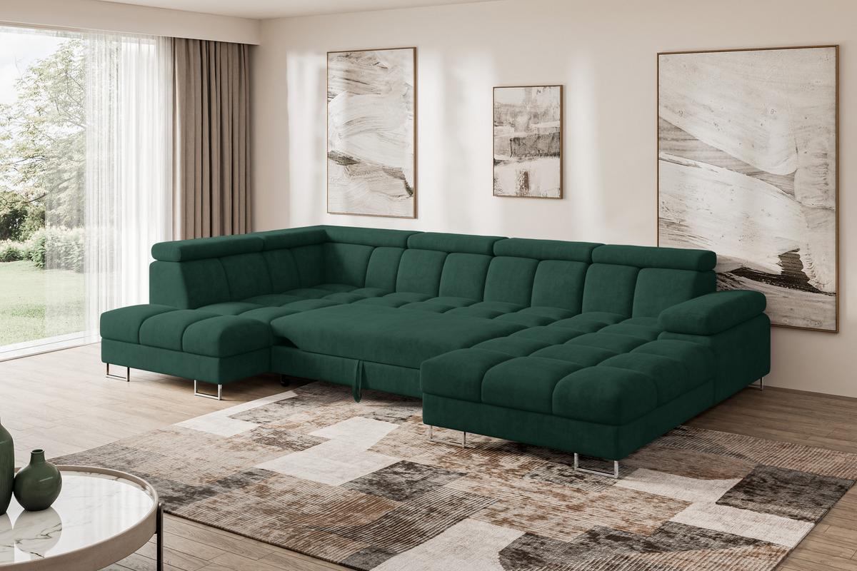 WOHNLANDSCHAFT mit Schlaffunktion und Bettkasten Ottomane Links COMA U 345x203x79 Grün Velours - Grün, Holzwerkstoff/Textil (345/79/203cm) - ALTDECOR