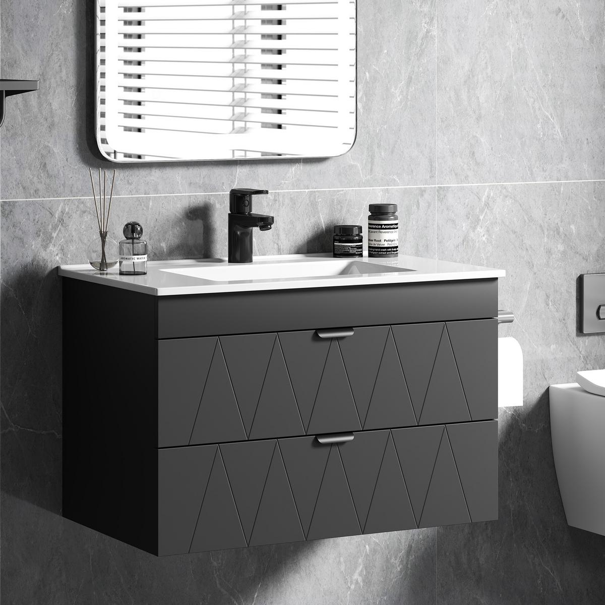WASCHBECKENUNTERSCHRANK Hängend mit Keramikwaschbecken Schwarz - Schwarz, Holzwerkstoff/Metall (46/50/76cm) - HOMCOM