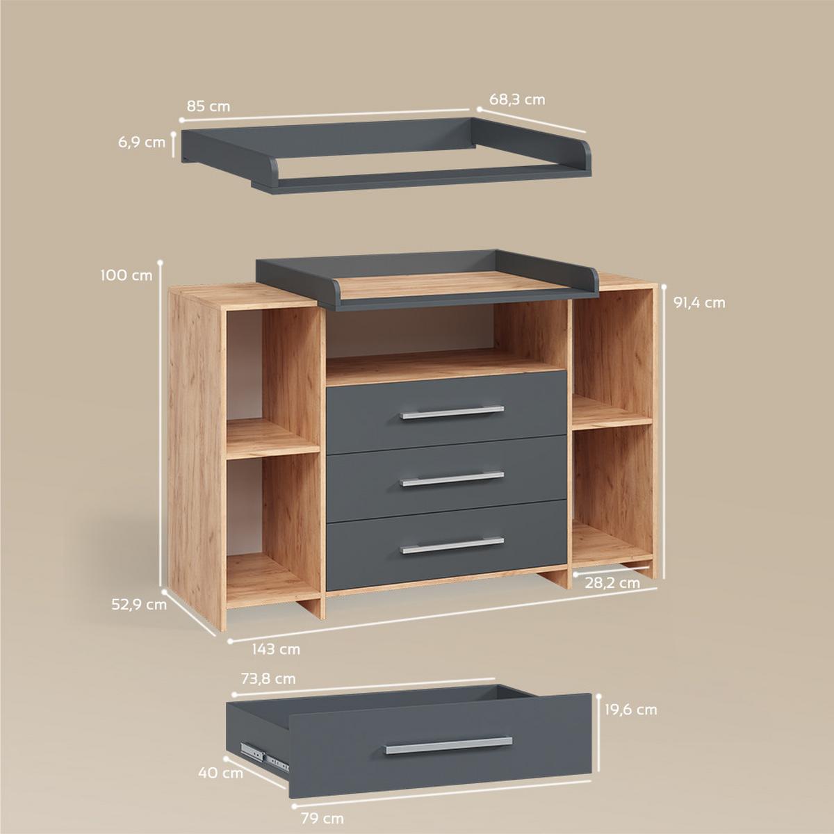 WICKELKOMMODE Torino Anthrazit/Sonoma XL mit Schubladen - Anthrazit/Sonoma Eiche, Holzwerkstoff (143/100/70cm) - Livinity®
