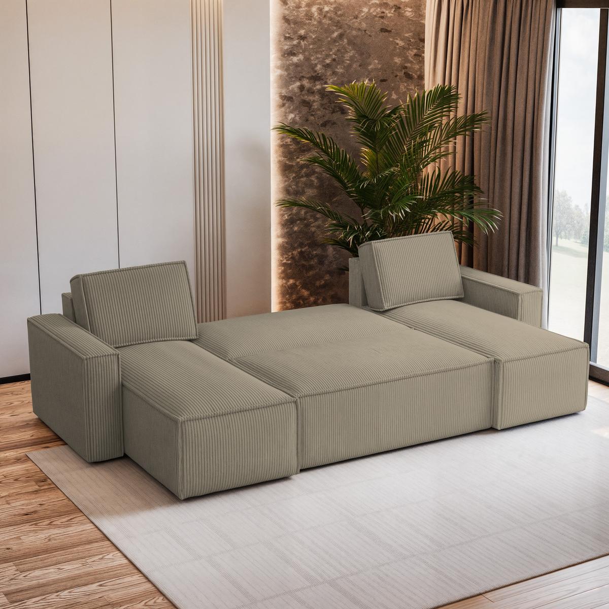 WOHNLANDSCHAFT PESANO P Beige Kordstoff mit Schlaffunktion - Beige/Grau, Holz/Kunststoff (306/85/140cm) - MASSENO