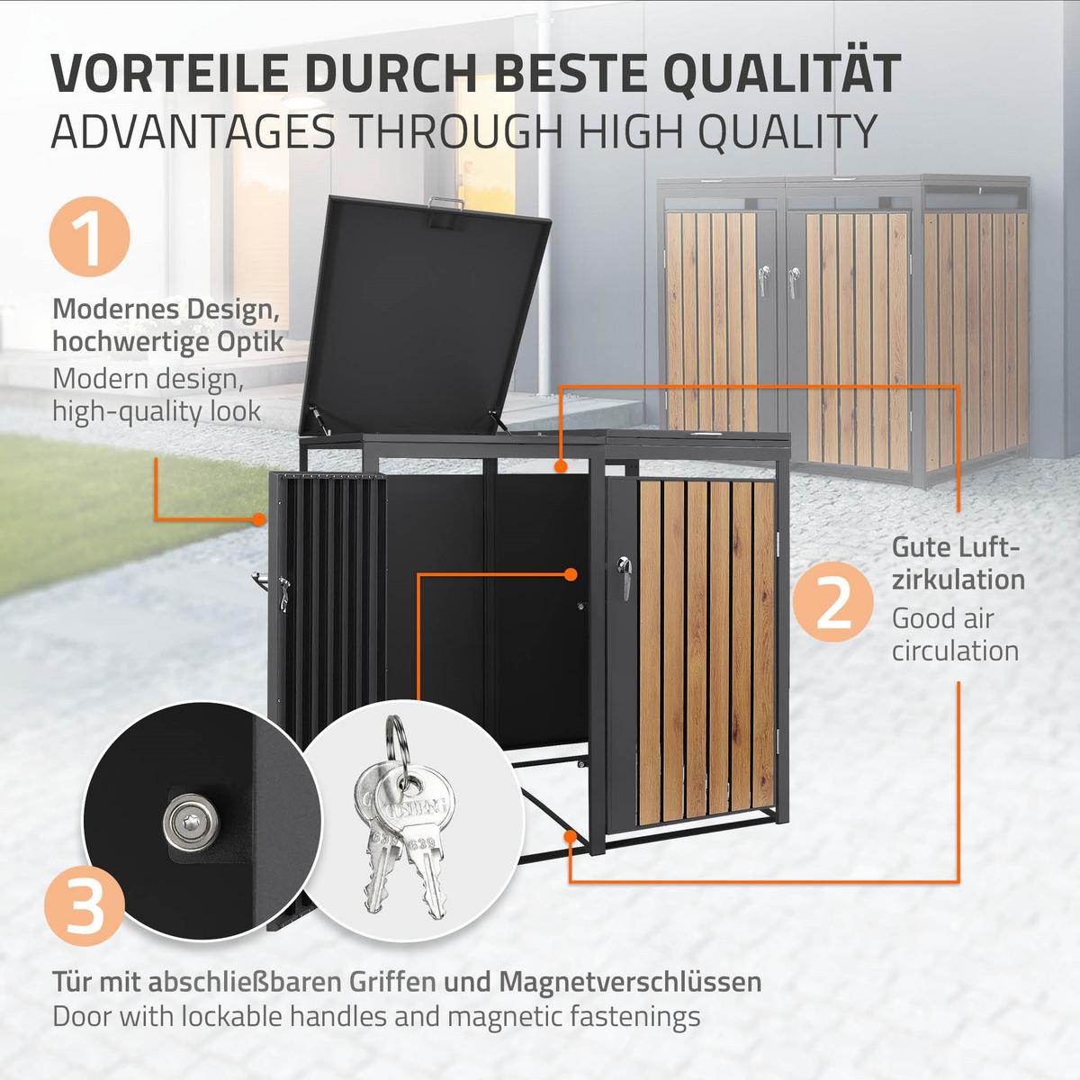 MÜLLTONNENBOX 4er Anthrazit-Holzoptik - Graubraun, Metall (264/120/80cm) - ML-DESIGN
