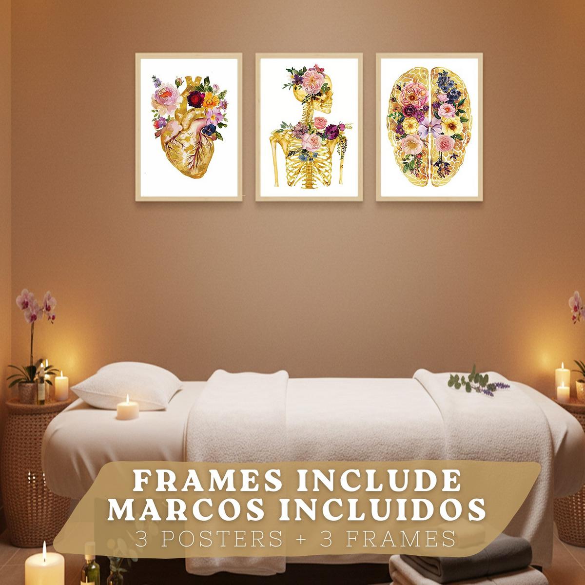 POSTER Set aus 3 Anatomie Mensch Drucke und Wandbilder mit Herz Gehirn und Skelett Goldenes Florales Design Größe Leichter Holzrahmen A3 - Beige, Papier (29.7/42/3cm) - Nacnic