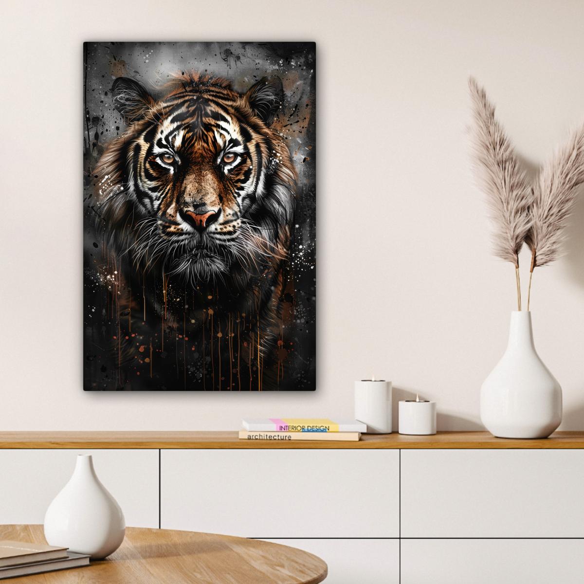 LEINWANDBILD Tiger - Tiere - Porträt - Luxus - Schwarz Wanddeko 40x60 cm - Anthrazit, Textil (40/60cm) - MuchoWow