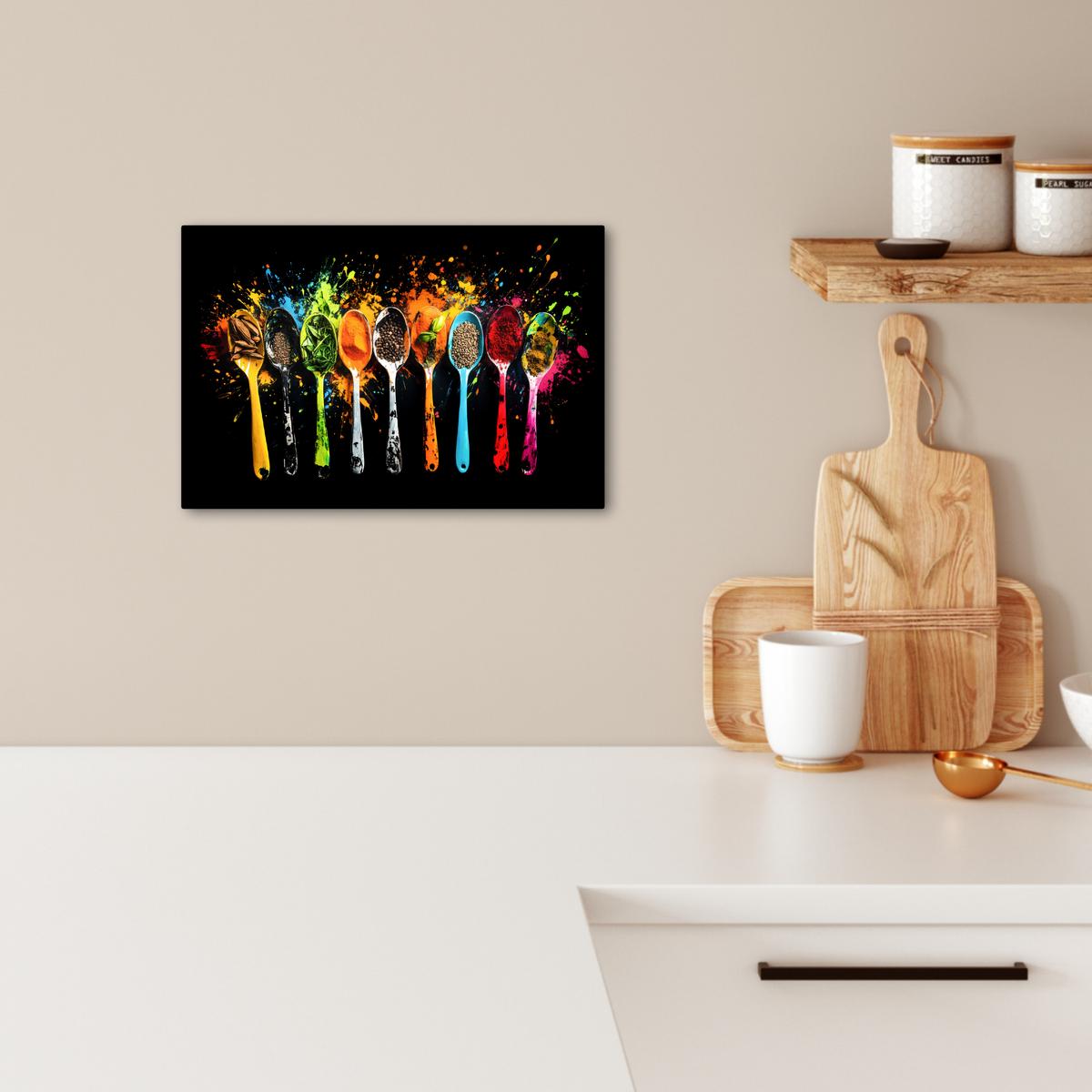 LEINWANDBILD Löffel - Gewürze - Modern - Graffiti - Farbe - Farbenfroh Deko Schlafzimmer 30x20 cm - Multicolor, Textil (30/20cm) - MuchoWow
