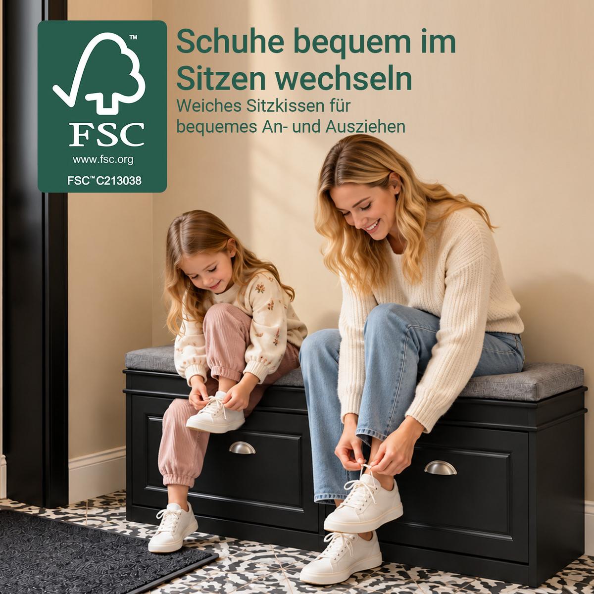 SCHUHBANK schwarz, 104x52x24 cm, Sitzpolster, 2 Klappen für 8 Paar, bis 150 kg, verstellbare Böden, für Flur & Diele - Schwarz, Holzwerkstoff (104/52/24cm) - SoBuy