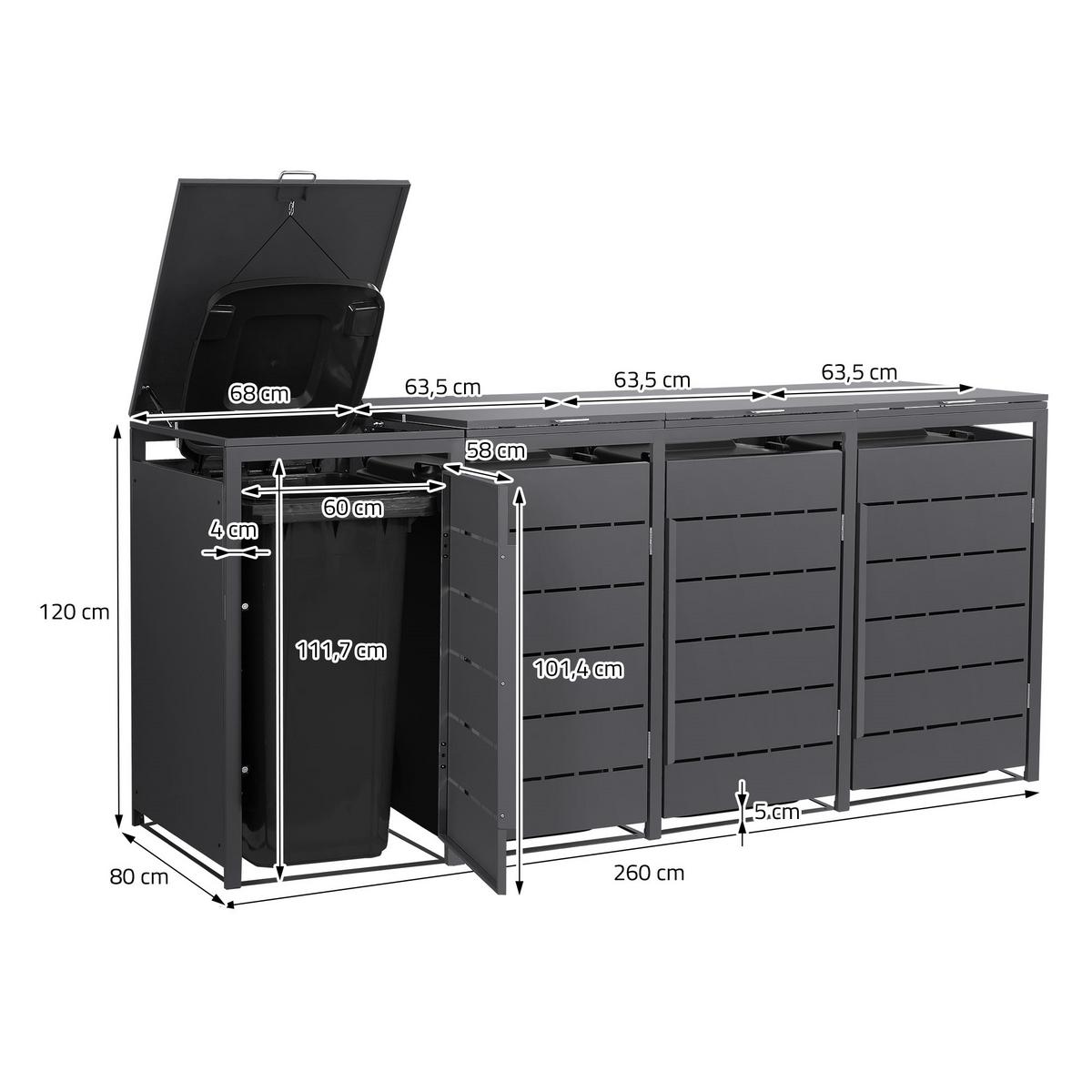 MÜLLTONNENBOX 4er 240L 260x80x120 cm Anthrazit aus Stahl wetterfest - Anthrazit, Metall (80/120/260cm) - ML-DESIGN