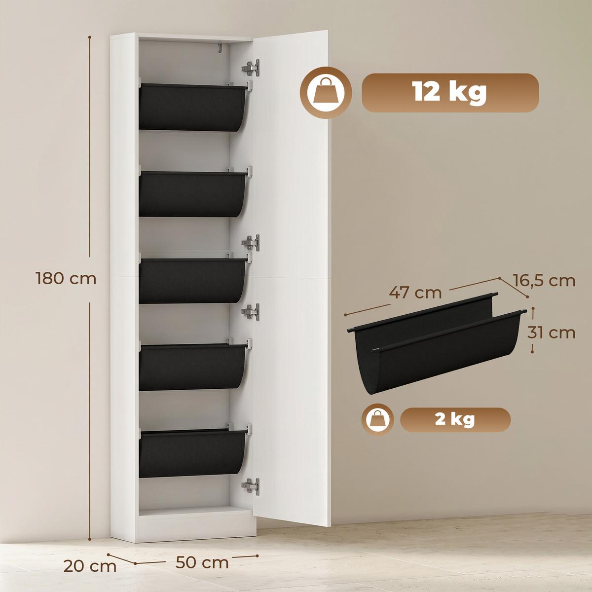 SCHUHSCHRANK Spanplatte Hartglas Weiß - Silberfarben/Weiß, Holzwerkstoff/Textil (20/180/50cm) - HOMCOM