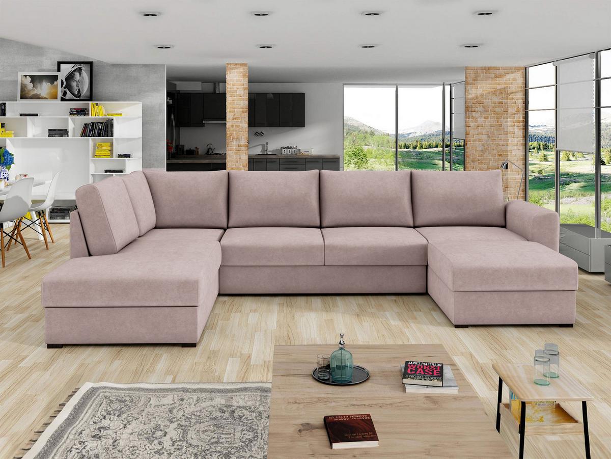WOHNLANDSCHAFT Wilma Premium, Seite: Links - Hellrosa/Schwarz, Holz/Textil (305/85/188cm) - MIRJAN24