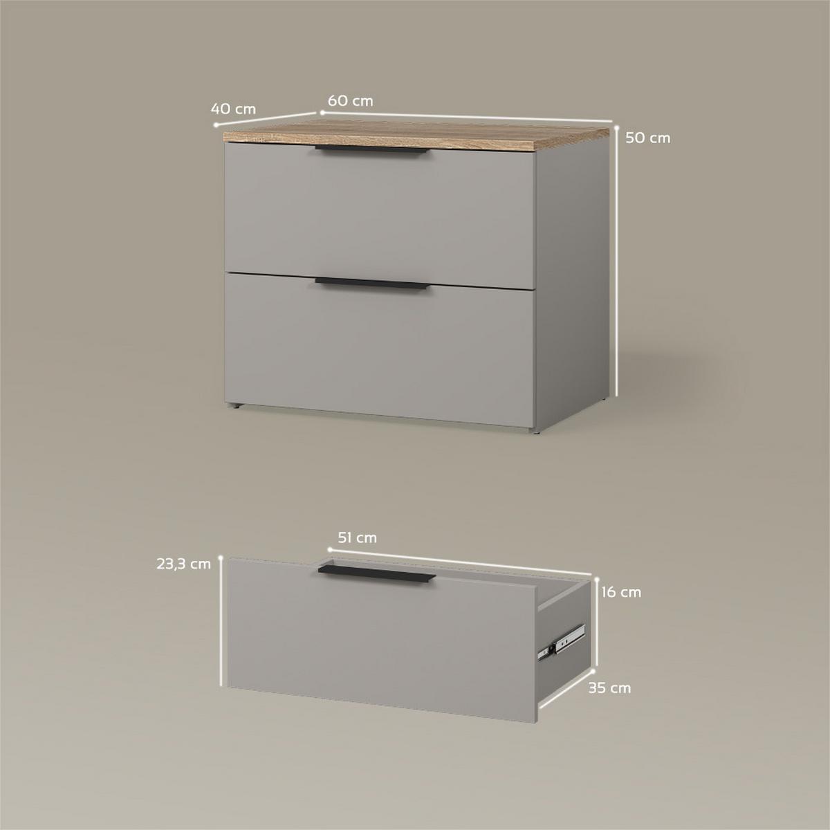 KOMMODE Piave Greige 60 x 50 cm mit 2 Schubladen - Greige, Holzwerkstoff (60/50/40cm) - Livinity®