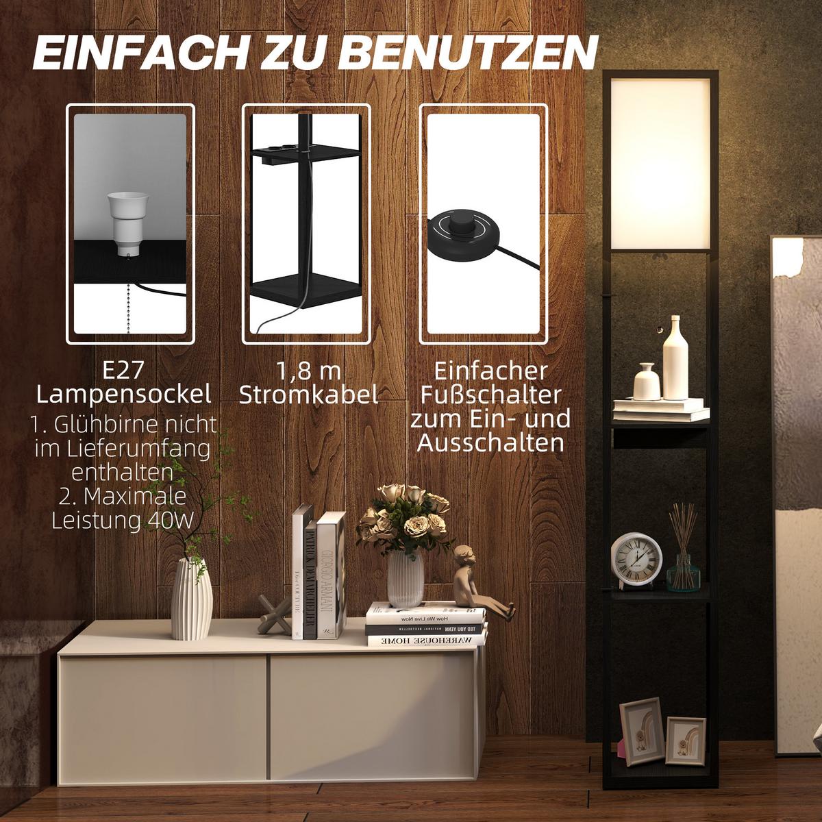 STEHLAMPE, Stehleuchte mit 3 Fächern, E27 Sockel, USB-A, USB-C Anschlüssen - Schwarz, Holzwerkstoff (26/26/159cm) - HOMCOM