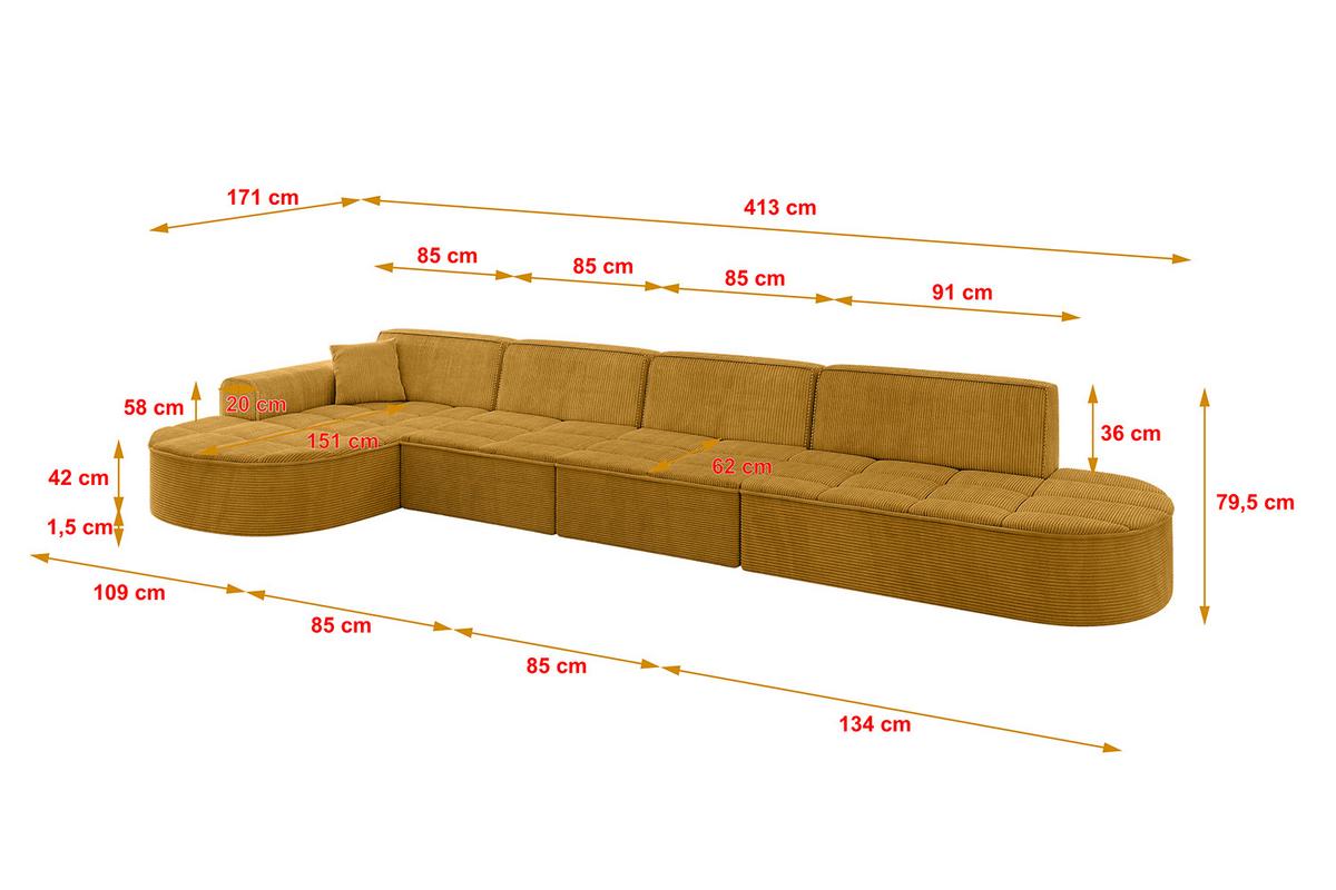 ECKSOFA Ottomane Links TARO-L3 - 413x171x79,5 cm Senfgelb - Currygelb/Gelb, Holzwerkstoff/Textil (413/171cm) - ALTDECOR