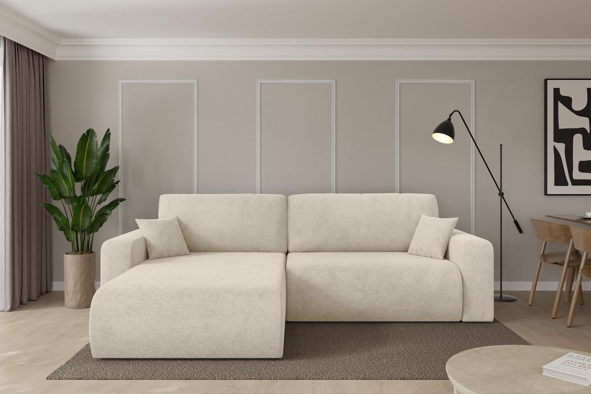 ECKSOFA mit Schlaffunktion Ottomane Links BERY-L 276x193x88 Creme Velours - Creme/Schwarz, Holzwerkstoff/Kunststoff (276/193cm) - ALTDECOR
