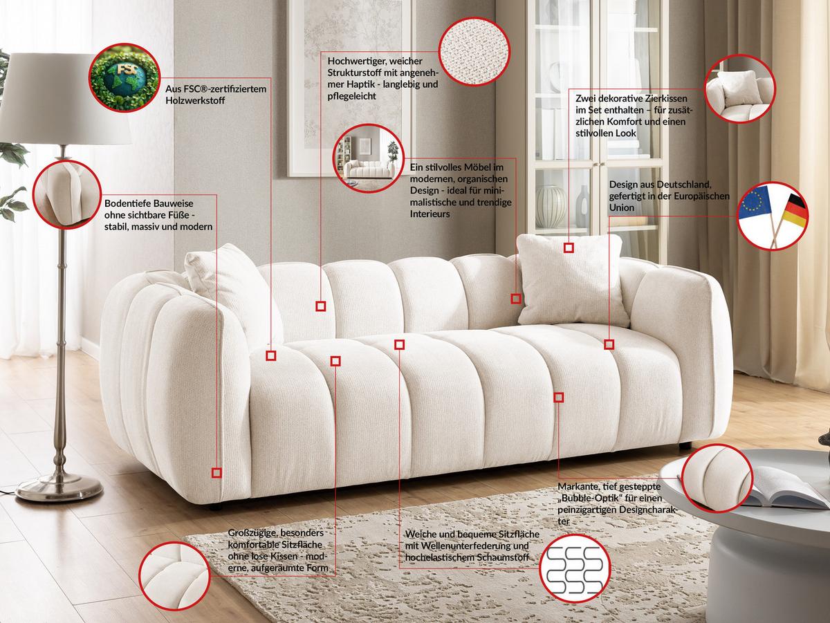 SITZGARNITUR 3+2 Nubira in tief gesteppter Bubble-Optik aus weichem Creme Strukturstoff im modernen Design - Creme/Schwarz, Holz/Kunststoff (228/69/89cm) - S-Style Möbel