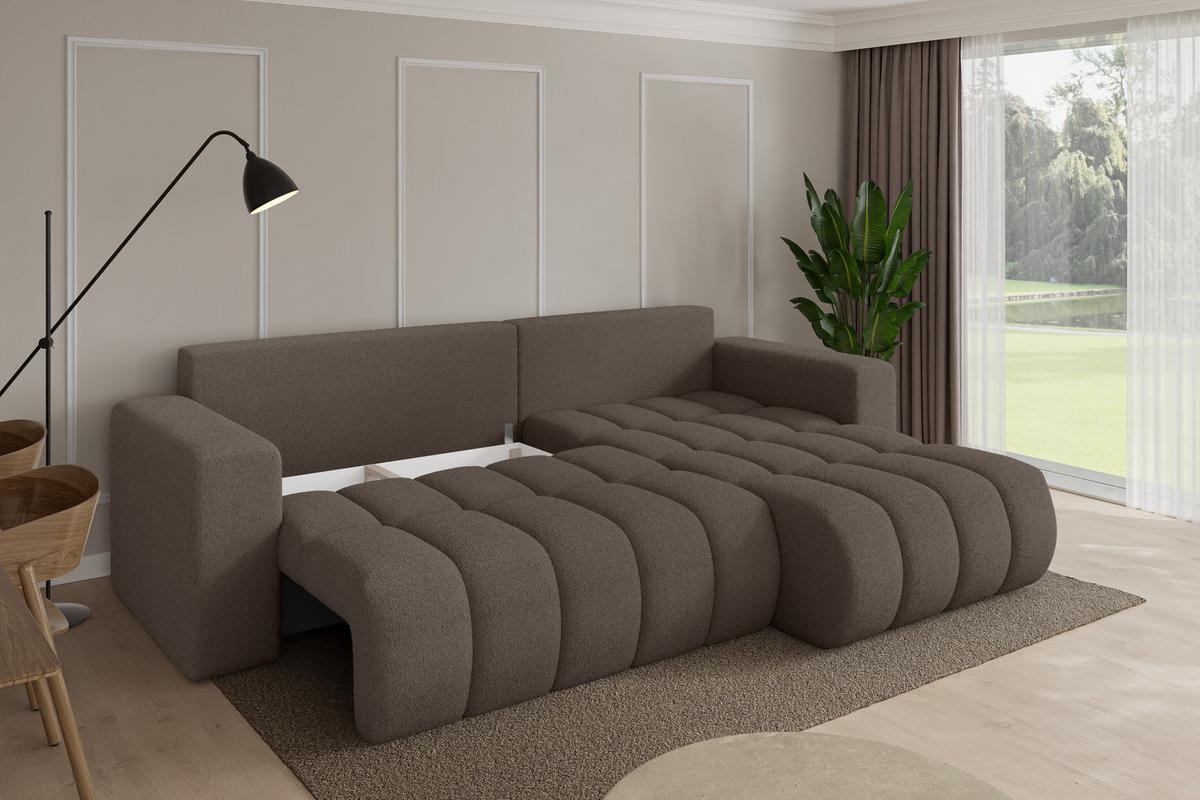 ECKSOFA mit Schlaffunktion Ottomane Rechts MILA-L-v1 277x195x86 Braun Bouclé - Schwarz/Braun, Holzwerkstoff/Kunststoff (277/194cm) - ALTDECOR