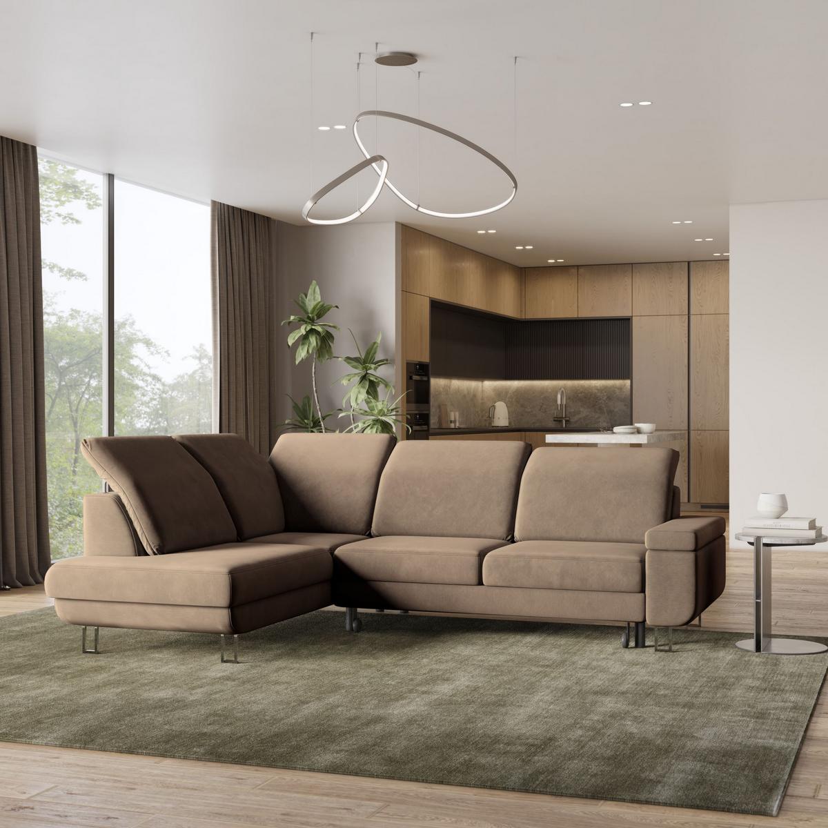 ECKSOFA LERMA L-S Beige Velours-Stoff mit Schlaffunktion - Beige/Silberfarben, Holz/Textil (253/190cm) - MASSENO
