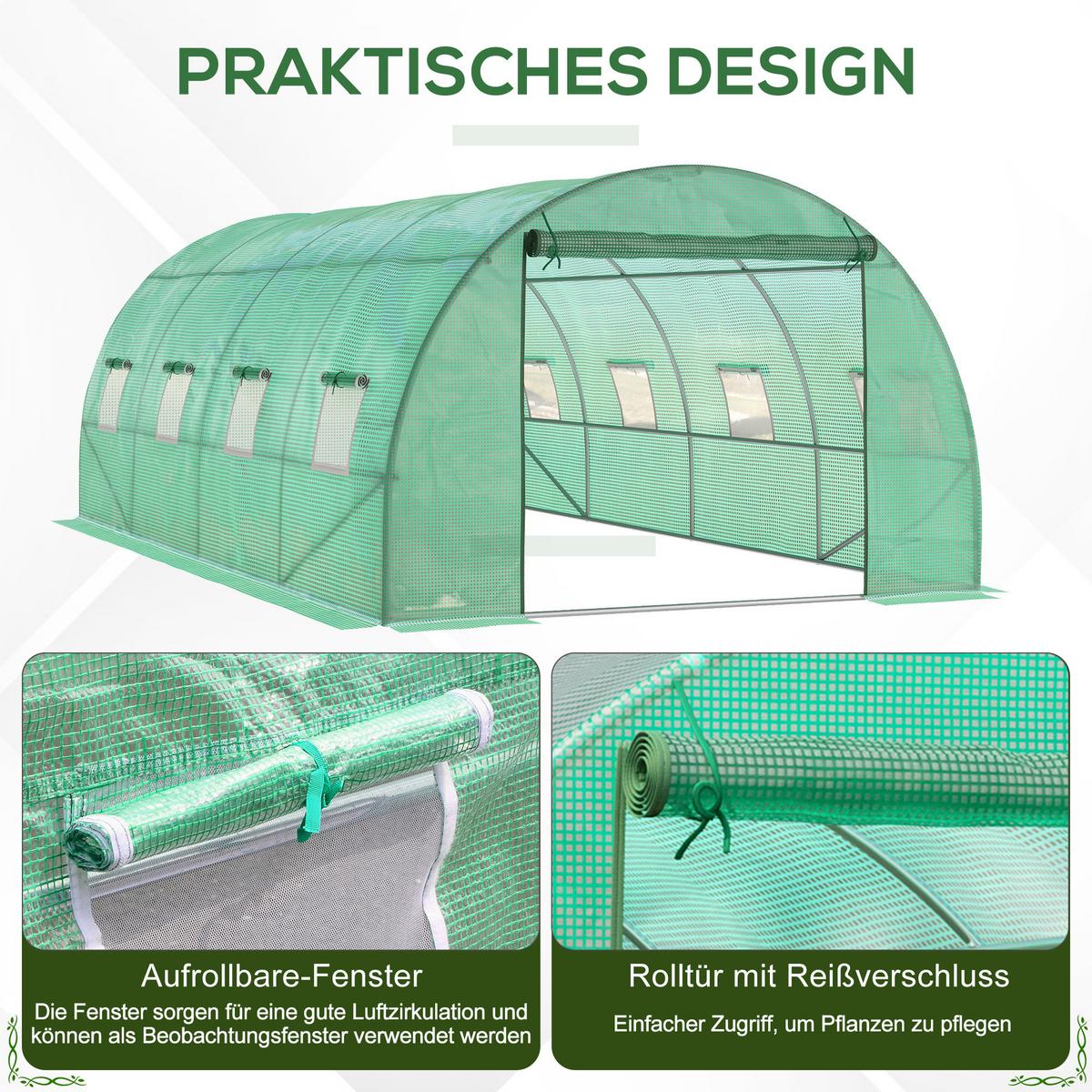 GEWÄCHSHAUS ca. 6 x 3 x 2 m Foliengewächshaus mit 8 Fenster, Rolltür, Aufrollbar Seitenwänden, UV-beständiger Folientunnel, Grün - Grün, Kunststoff (300/200/590cm) - Outsunny