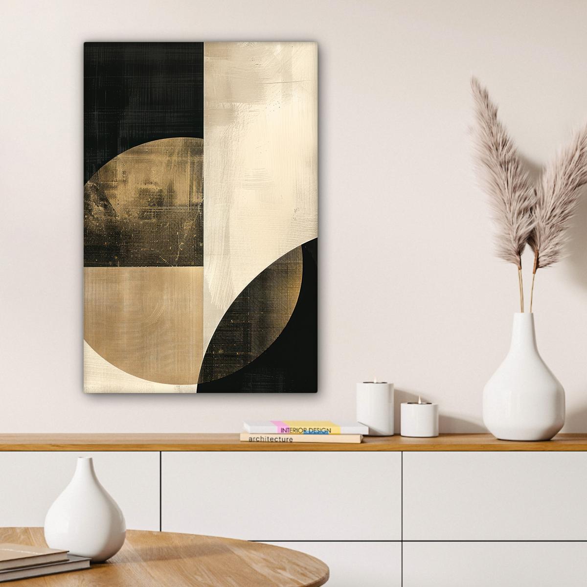 LEINWANDBILD Abstrakt - Geometrische Formen - Schwarz - Gold Wanddeko Schlafzimmer 60x90 cm - Ecru, Textil (60/90cm) - MuchoWow