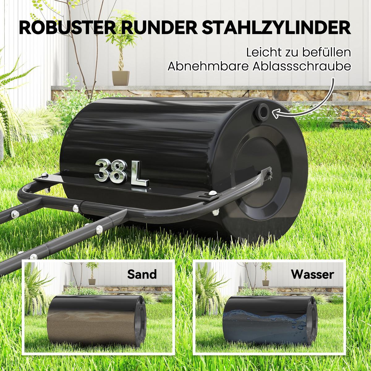 RASENWALZE mit U-Griff Gartenwalze Gartenrolle Wasser-/ Sandfüllung Metall - Schwarz, Metall (32.5/113/58cm) - Outsunny