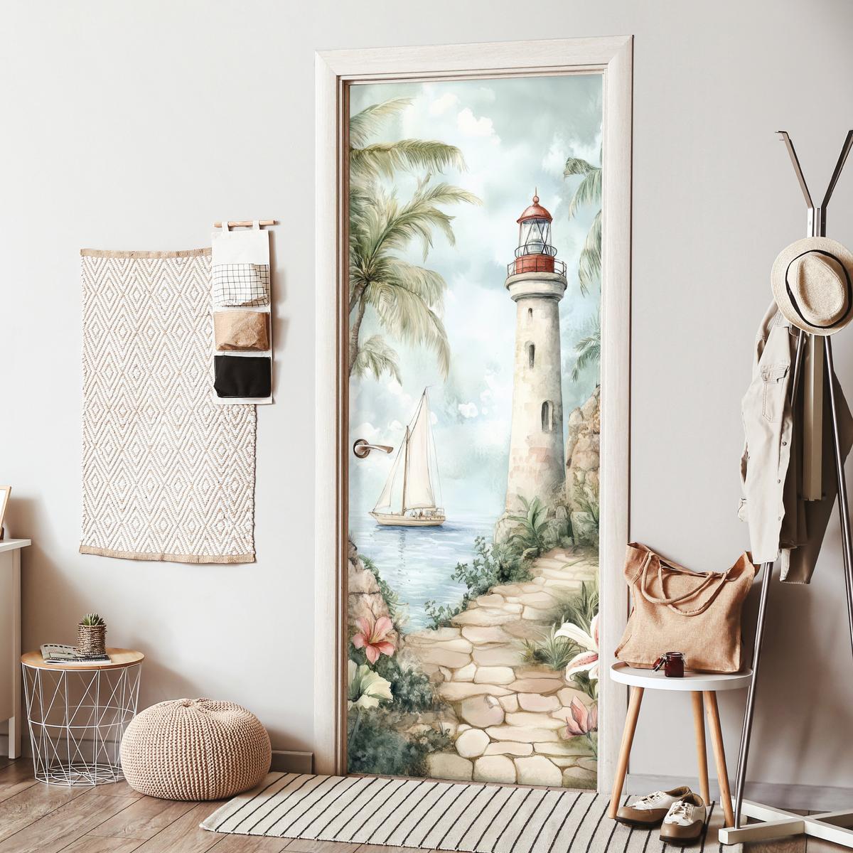 TÜRAUFKLEBER Leuchtturm - Natur - Landschaft - Boot 90x235 cm - Türtapete - Eichefarben, Kunststoff (90/0.1cm) - MuchoWow