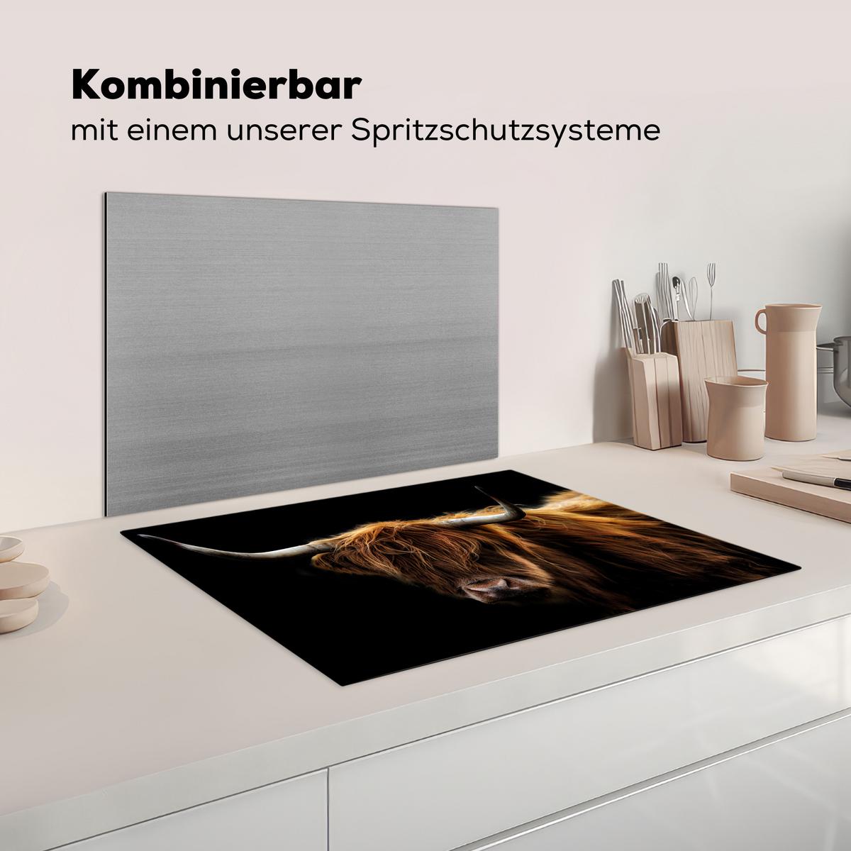 HERDABDECKPLATTE Schottischer Highlander - Hörner - Schwarz - Tiere - Natur - Wild - Kuh Herdabdeckung Induktionsfeld 70x52 cm - Cognac, Kunststoff (70/52/0.2cm) - MuchoWow