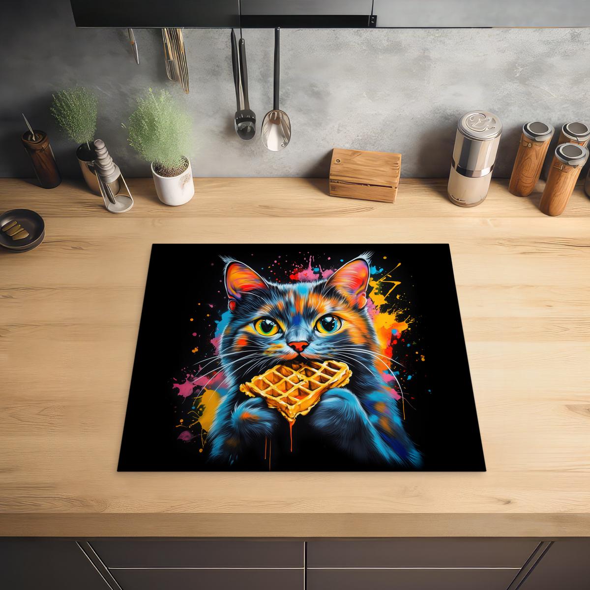 HERDABDECKPLATTE Katze - Graffiti - Bunt - Waffel - Essen Abdeckung Ceranfeld 59x51 cm - Multicolor, Kunststoff (59/51/0.2cm) - MuchoWow