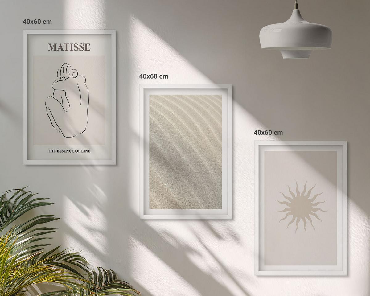 BILDER SET 3er Set - 40x60 cm Weißer Rahmen - Minimalistische Sandlinien Sonne - Weiß, Kunststoff (40/60cm) - TULUP